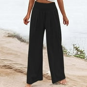 Yourumao Linen Pants for Women Womens High Waist Elastic Solid Palazzo Pants Straight Wide Leg Trousers Pants With Pocket
